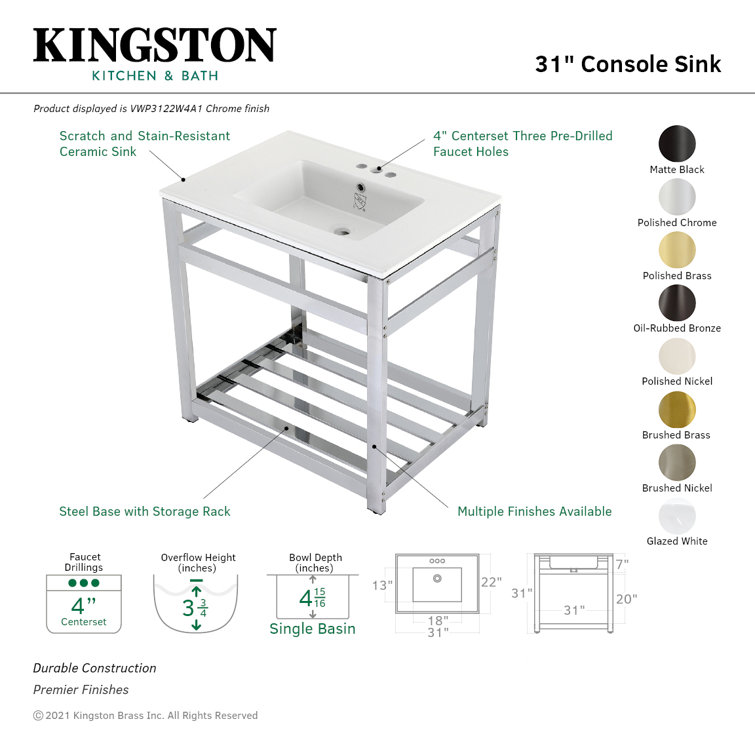 White Ceramic Console Sink with Polished Brass Base