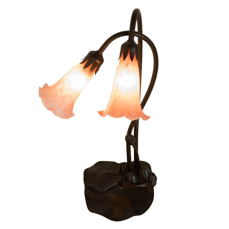 Pink Stained Glass 2-Light Bronze Table Lamp