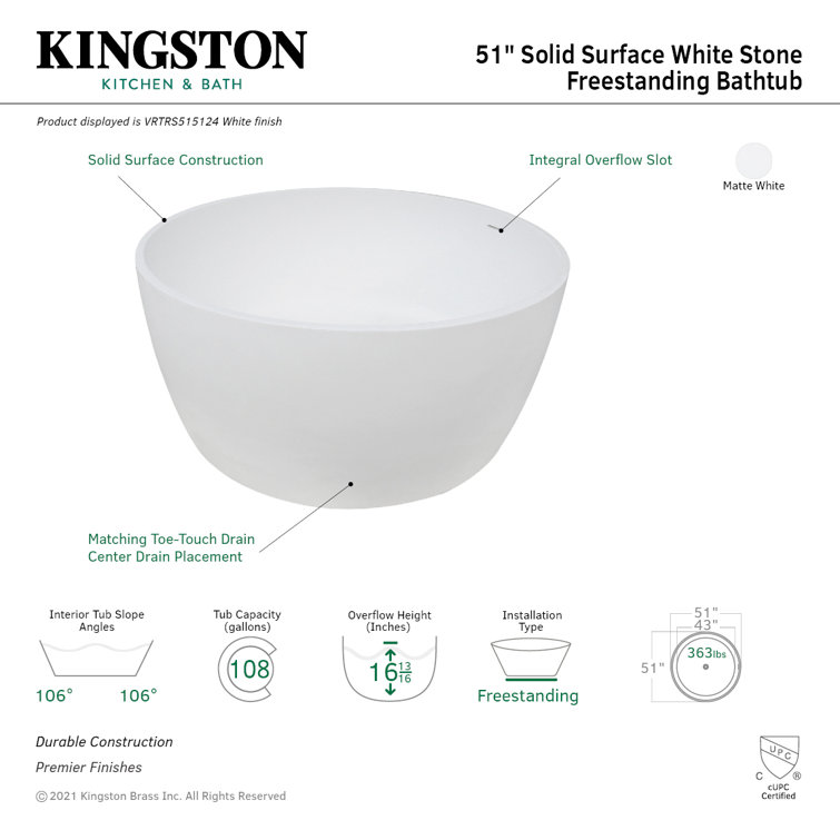 Matte White 51-Inch Solid Surface Freestanding Tub with Drain