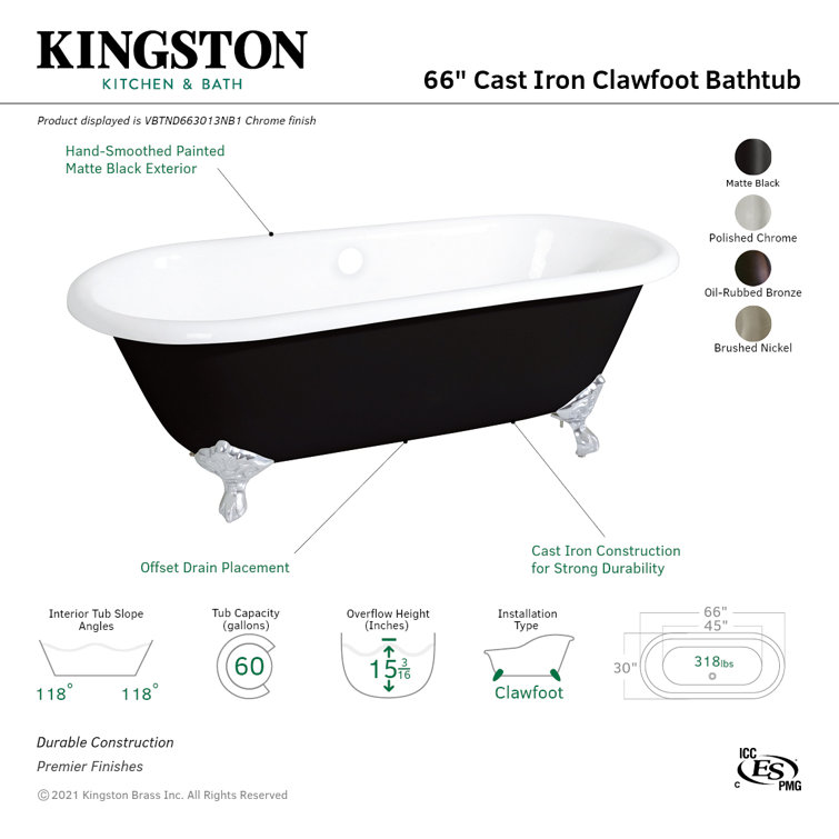 66-Inch Black and White Cast Iron Clawfoot Tub