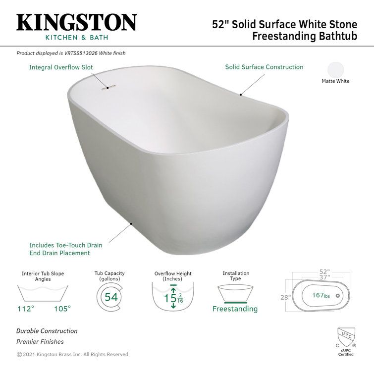 Arcticstone 52-Inch Matte White Solid Surface Freestanding Bathtub
