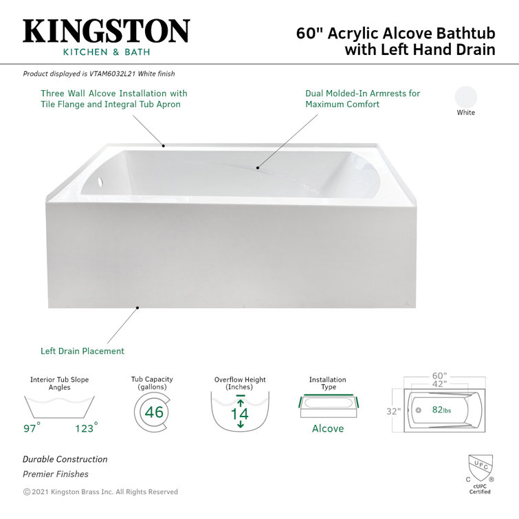 Aqua Eden 60-Inch White Acrylic Alcove Tub with Armrests