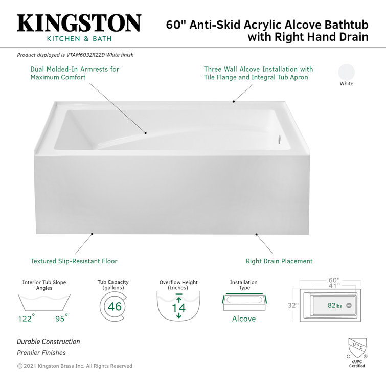 Aqua Eden 60-Inch White Acrylic Alcove Tub with Armrest