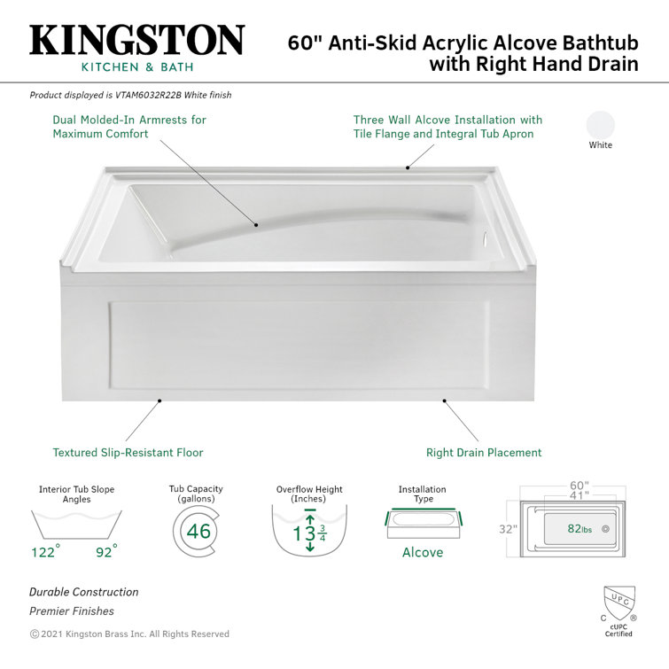 60-Inch White Acrylic Anti-Skid Alcove Bathtub with Right Hand Drain