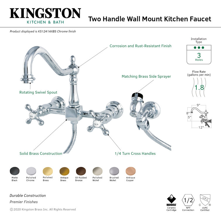 Polished Chrome Wall Mount Kitchen Faucet with Brass Sprayer