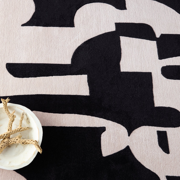 Black and Cream Abstract Handmade Wool Rug 8' x 10'