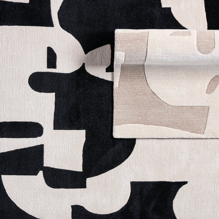 Black and Cream Abstract Handmade Wool Rug 8' x 10'
