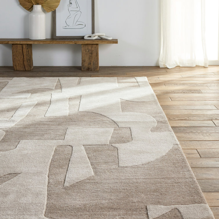 Hand Tufted Abstract Taupe and Cream Wool Rug 9' x 12'