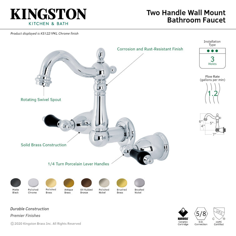 Duchess 10" Brushed Brass Wall Mount Bathroom Faucet with Porcelain Handles