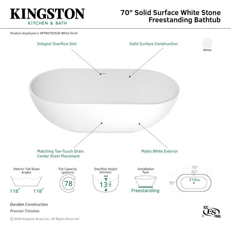 Matte White 70-Inch Oval Freestanding Acrylic Bathtub