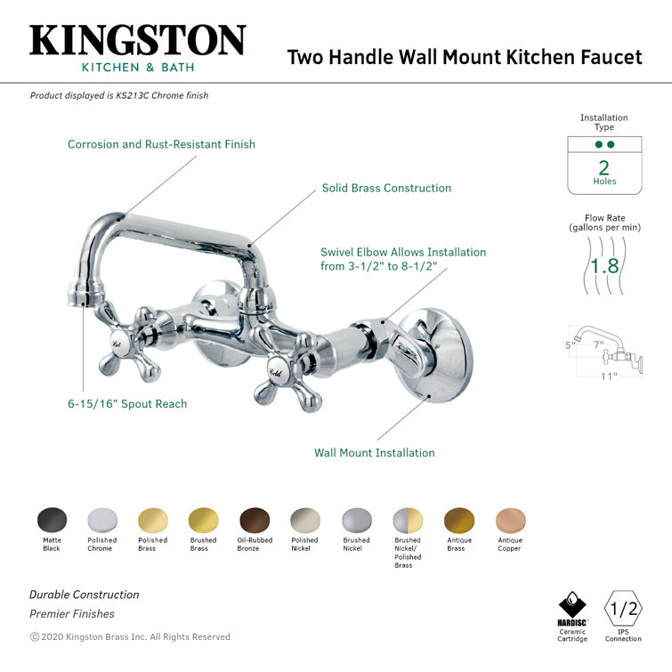 Polished Chrome Double-Handle Wall Mount Kitchen Faucet