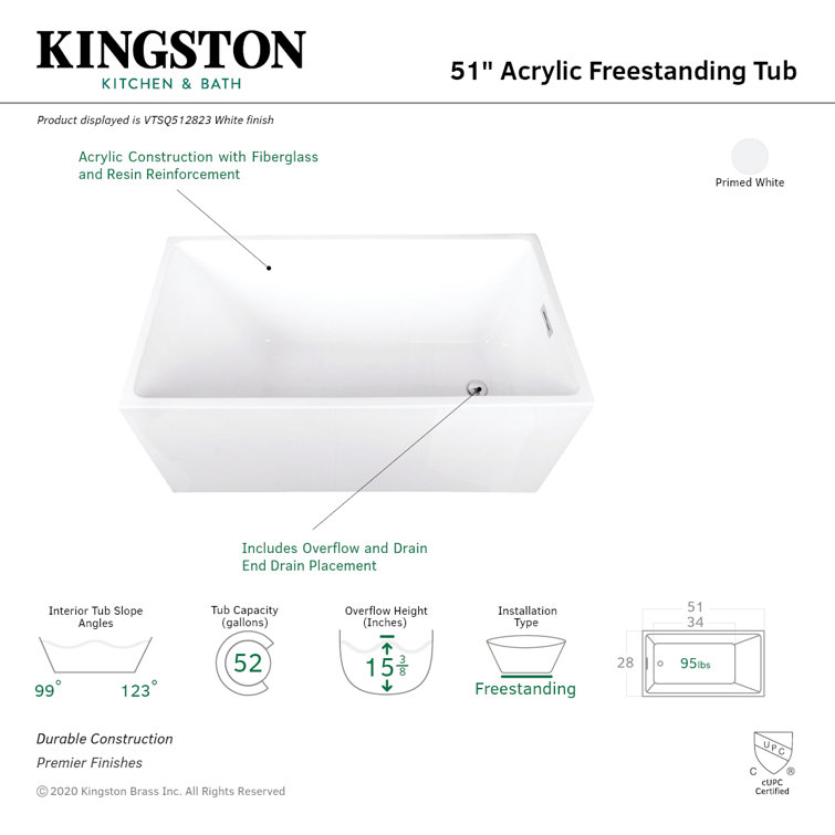 Aqua Eden 51-Inch White Acrylic Freestanding Tub with Drain