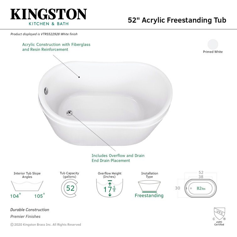 52-Inch White Acrylic Freestanding Slipper Tub with Drain