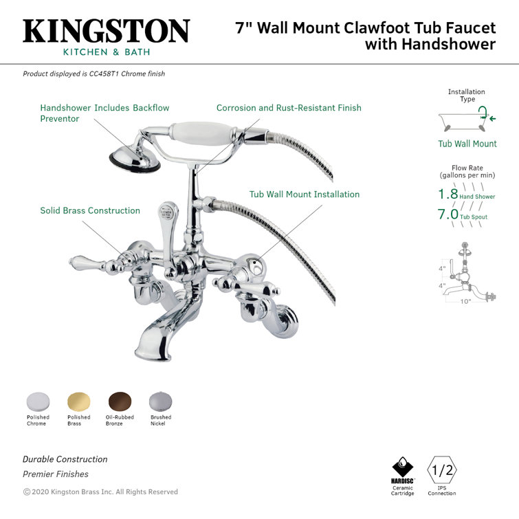 Polished Chrome Vintage Wall Mount Clawfoot Tub Faucet with Hand Shower