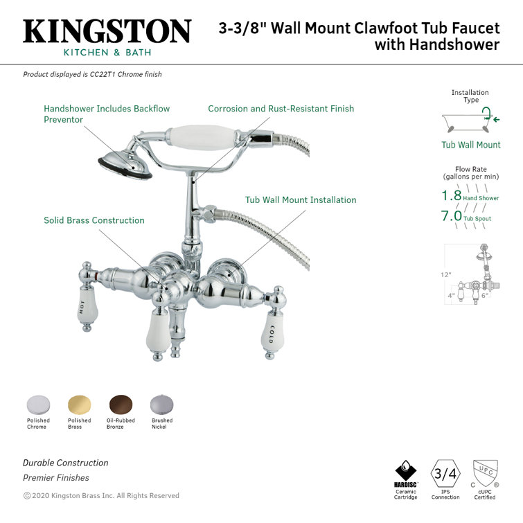 Polished Brass Vintage Wall Mount Clawfoot Tub Faucet with Hand Shower