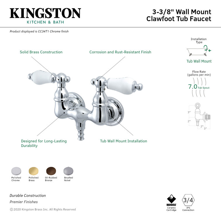 Vintage Polished Brass Wall Mount Clawfoot Tub Faucet