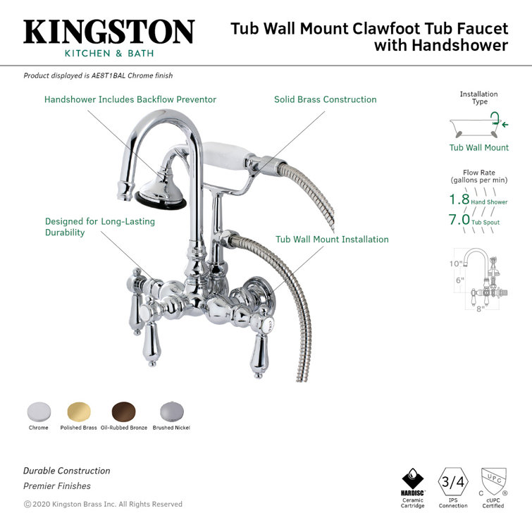 Polished Chrome Wall Mount Clawfoot Tub Faucet with Hand Shower
