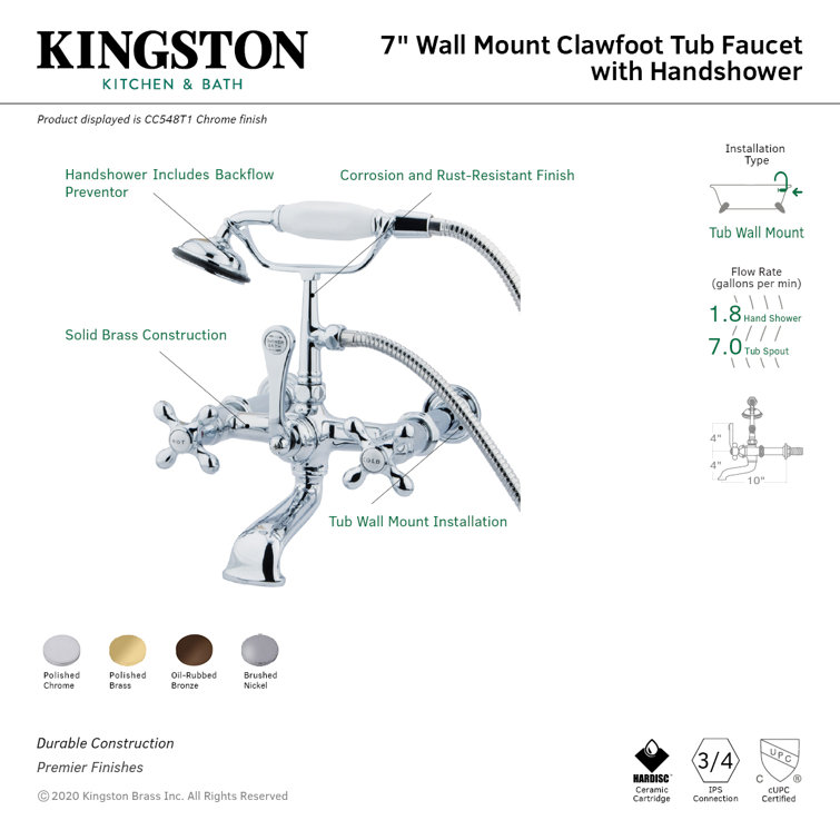Polished Chrome Vintage Wall Mount Clawfoot Tub Faucet with Hand Shower