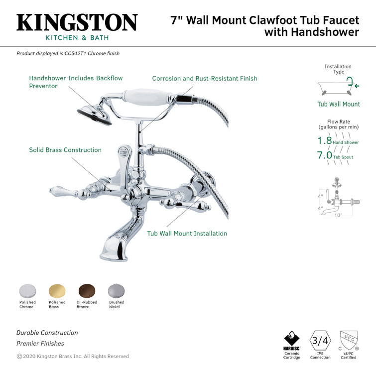 Polished Brass Vintage Wall Mount Clawfoot Tub Faucet with Hand Shower