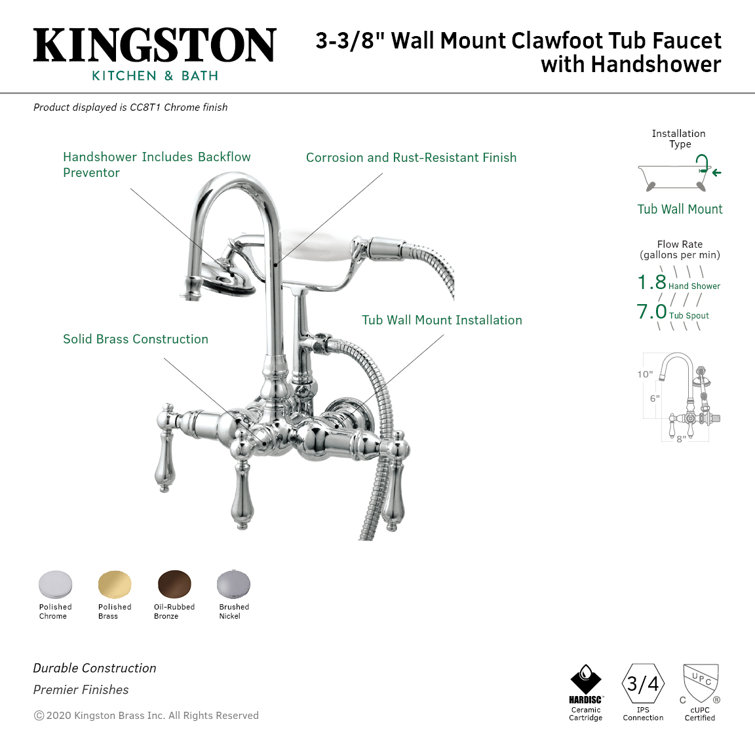 Brushed Nickel Vintage Wall Mount Clawfoot Tub Faucet with Hand Shower
