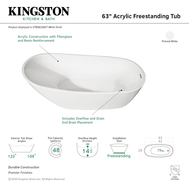 Aqua Eden 63-Inch White Acrylic Freestanding Slipper Tub