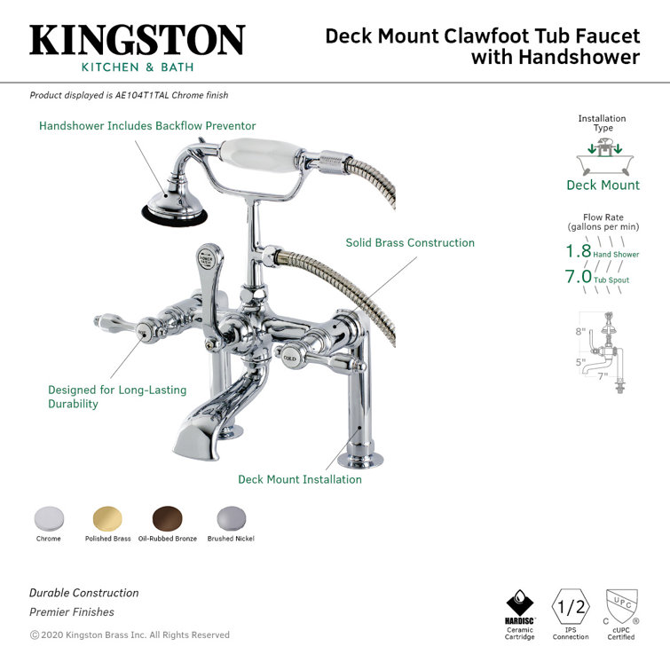 Polished Chrome Three-Handle Clawfoot Tub Faucet with Hand Shower