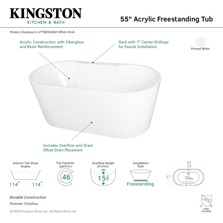 Aqua Eden 55-Inch White Acrylic Freestanding Tub