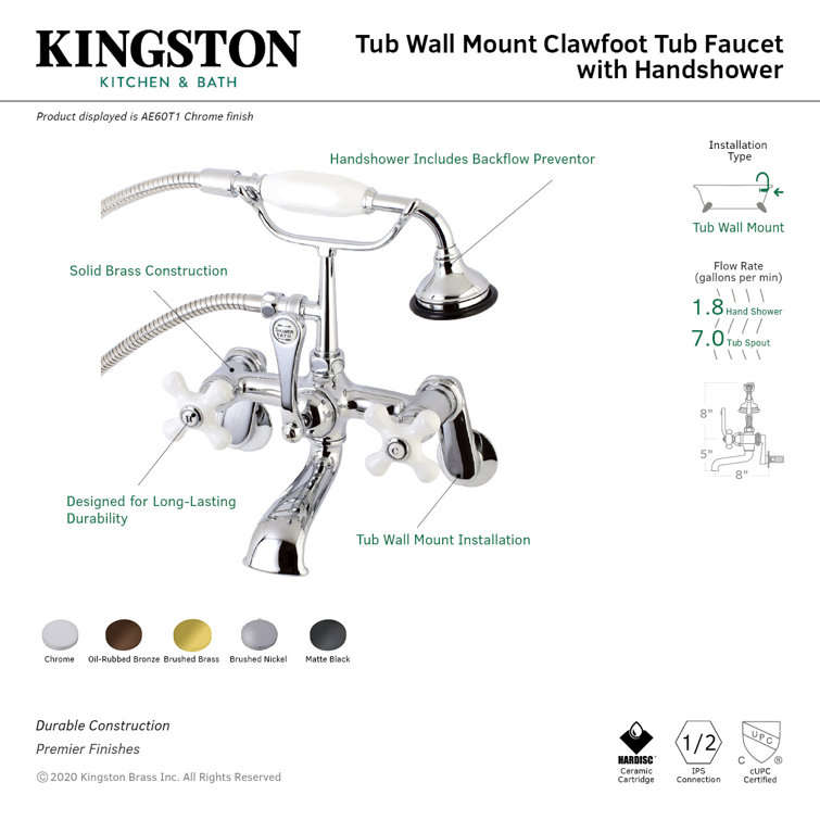 Brushed Brass Vintage Wall Mount Clawfoot Tub Faucet with Hand Shower