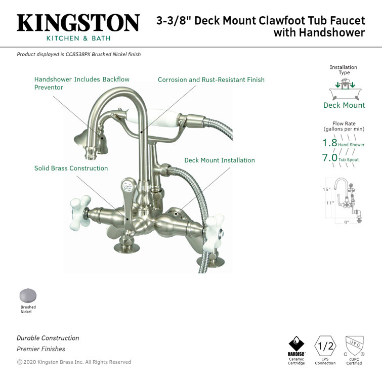 Brushed Nickel Three-Handle Deck Mount Tub Faucet with Hand Shower