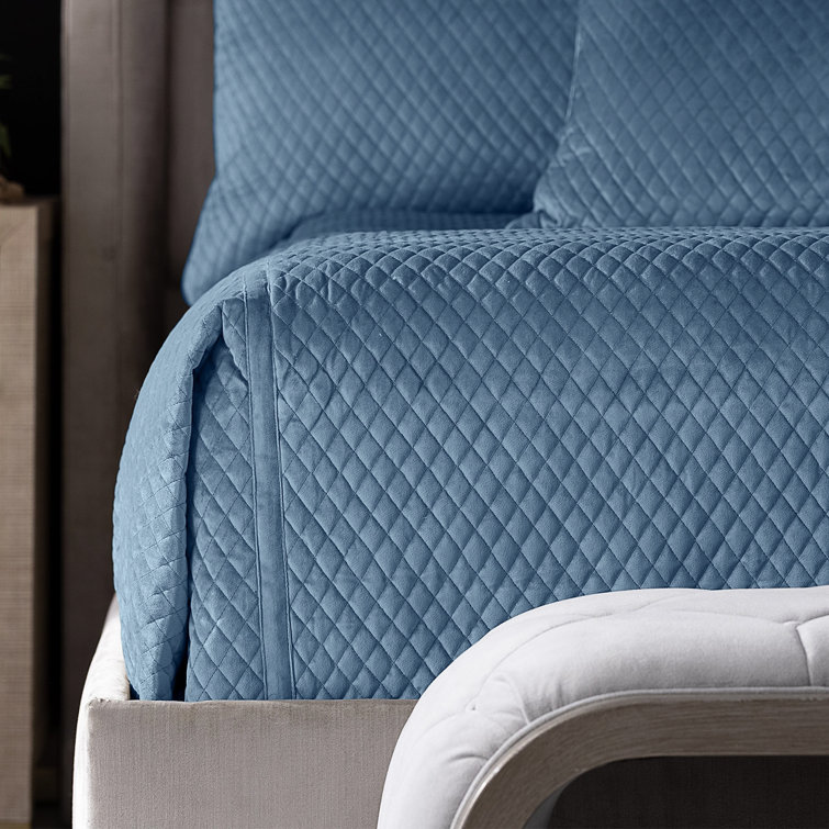 Valentina Smokey Blue Velvet Diamond Quilted King Coverlet