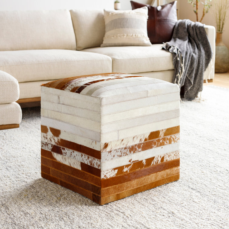 Surya Modern Taupe Striped Hair-on-Hide Cube Pouf