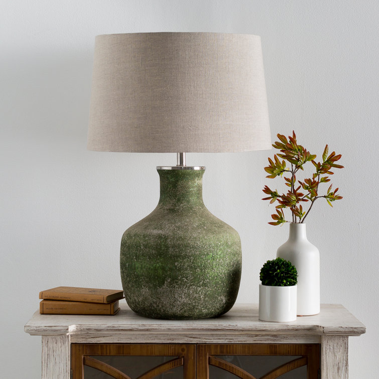 Matteo 18" White Speckled Green Table Lamp with Linen Shade