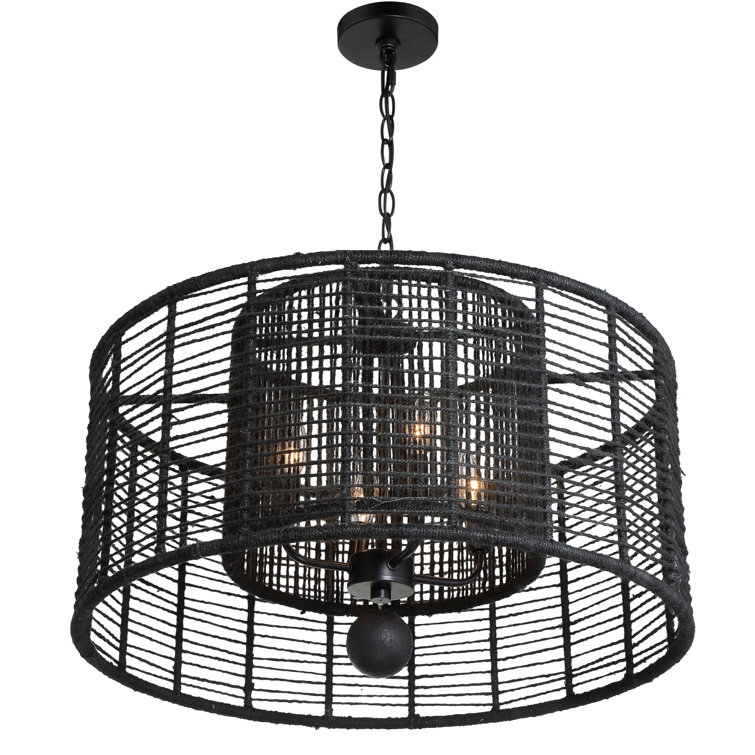 Matte Black Drum Filigree 4-Light Chandelier