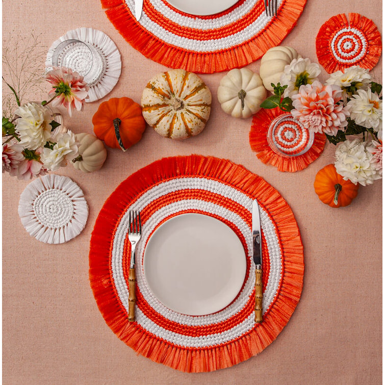 Yellow and White Round Fringe Plastic Placemats Set of 4