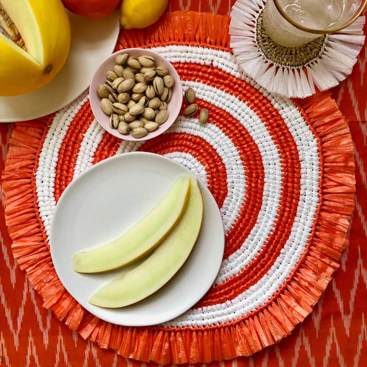 Yellow and White Round Fringe Plastic Placemats Set of 4