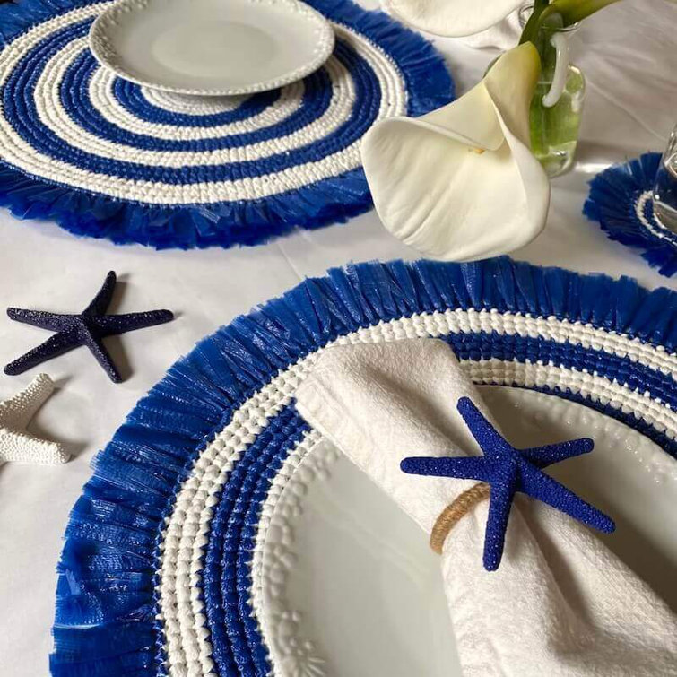 Yellow and White Round Fringe Plastic Placemats Set of 4