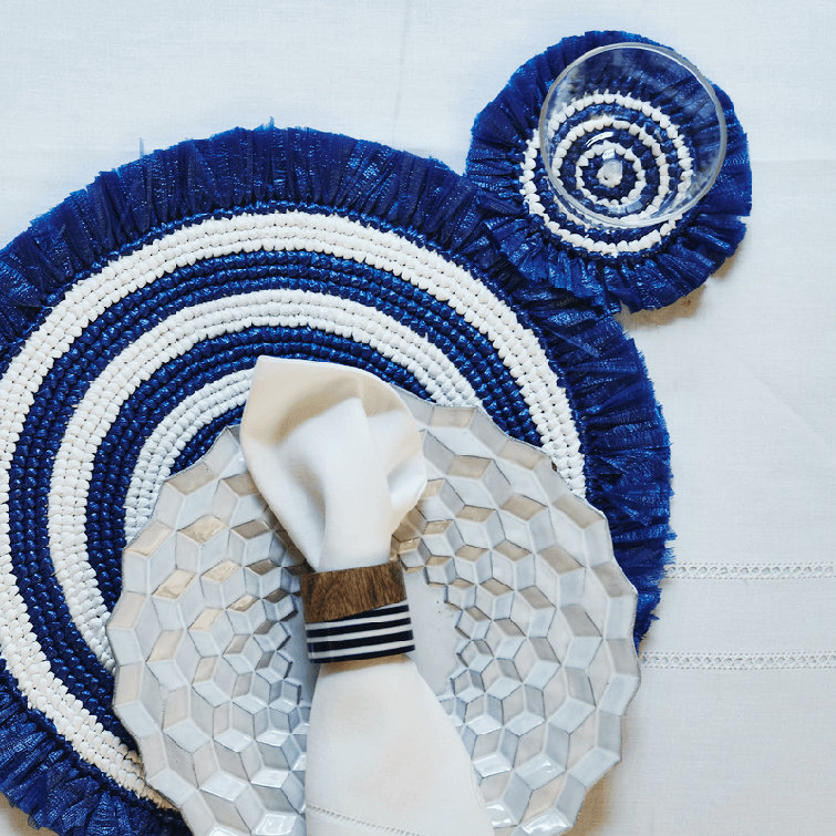 Yellow and White Round Fringe Plastic Placemats Set of 4