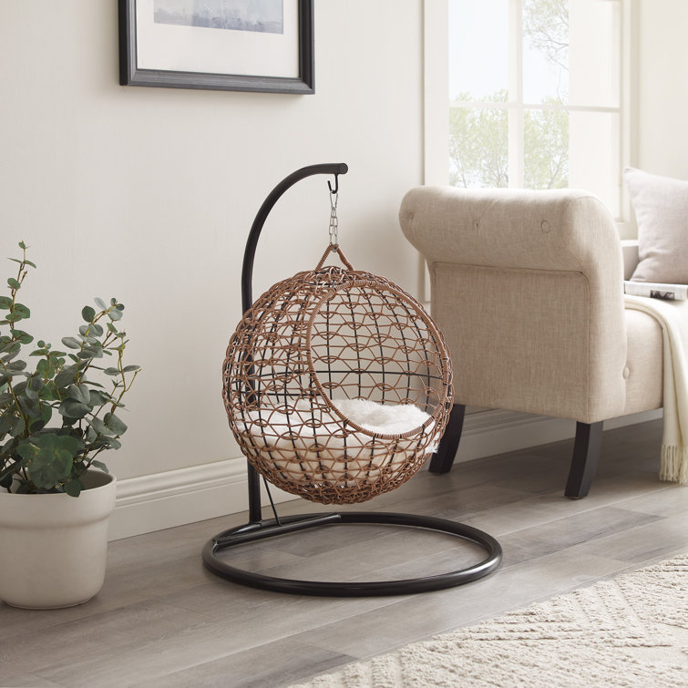 Medium Brown Rattan Hanging Egg Cat Condo with Cotton Cushion