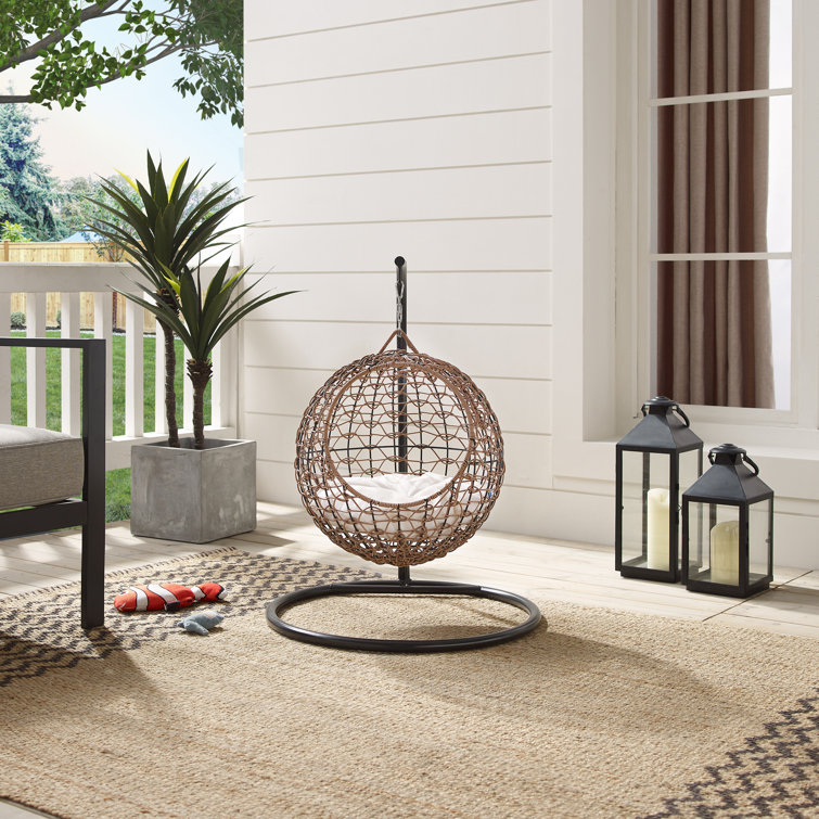 Medium Brown Rattan Hanging Egg Cat Condo with Cotton Cushion