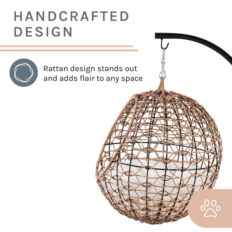 Medium Brown Rattan Hanging Egg Cat Condo with Cotton Cushion