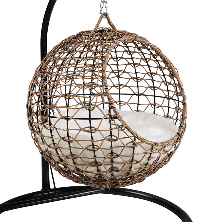 Medium Brown Rattan Hanging Egg Cat Condo with Cotton Cushion