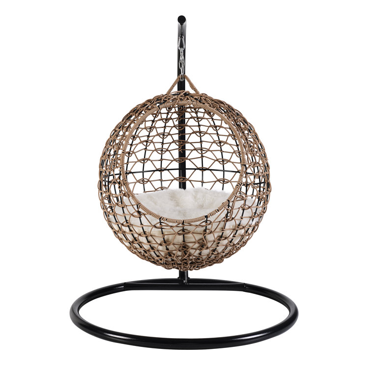 Medium Brown Rattan Hanging Egg Cat Condo with Cotton Cushion