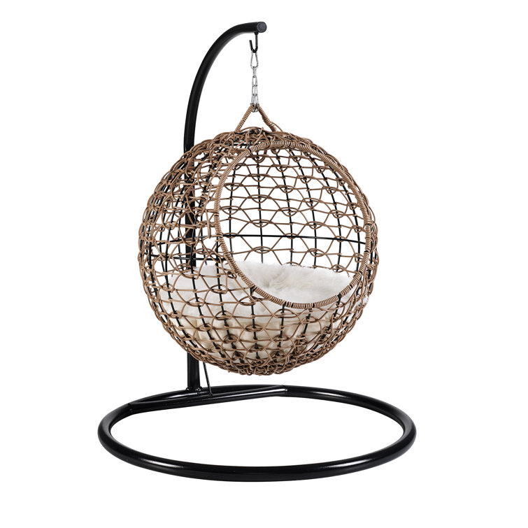 Medium Brown Rattan Hanging Egg Cat Condo with Cotton Cushion