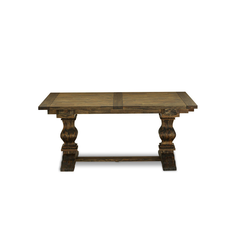 Distressed Jacobean Acacia Wood Dining Set with Light Beige Linen Chairs