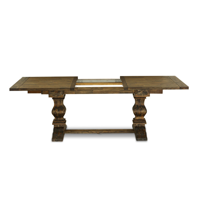 Distressed Jacobean Acacia Wood Dining Set with Light Beige Linen Chairs