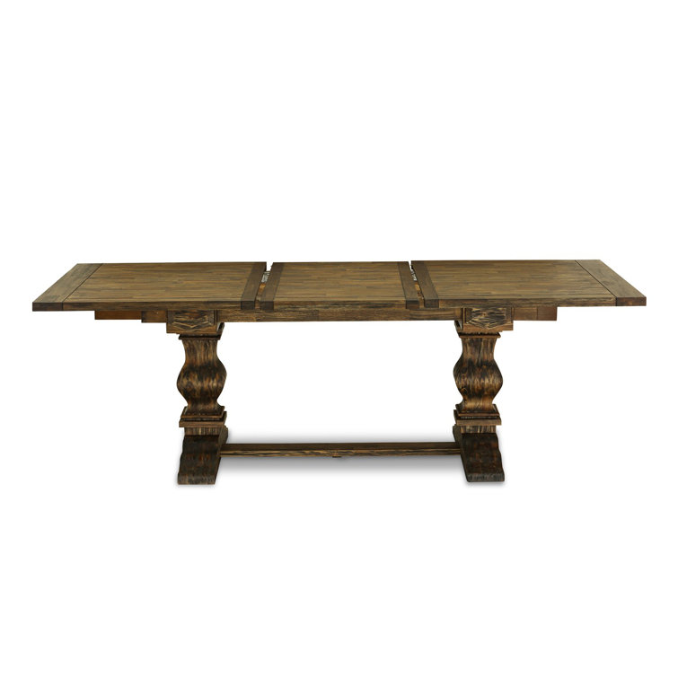Distressed Jacobean Acacia Wood Dining Set with Light Beige Linen Chairs