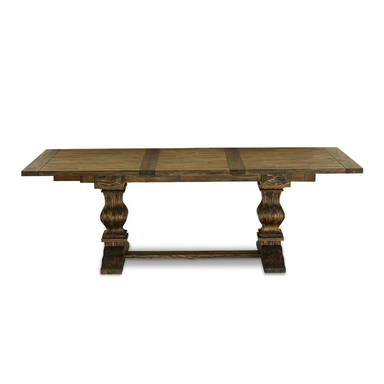 Distressed Jacobean Acacia Wood Dining Set with Light Beige Linen Chairs