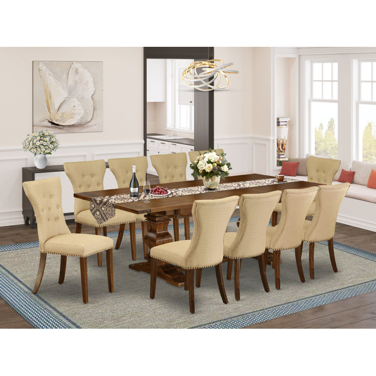 Antique Walnut 11-Piece Dining Set with Removable Leaf and Linen Chairs