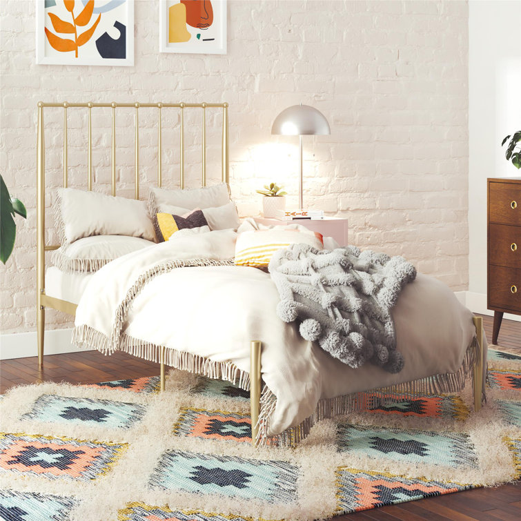 Twin Gold Metal Platform Bed with Headboard and Slats