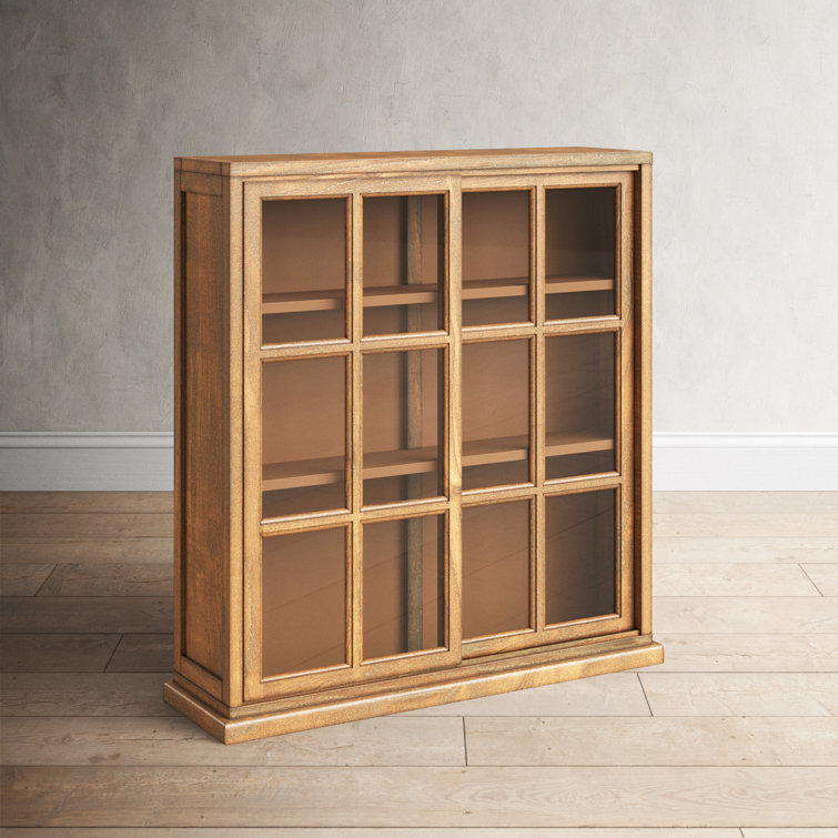 Transitional Oak 3-Tier 38" Bookcase with Sliding Glass Doors